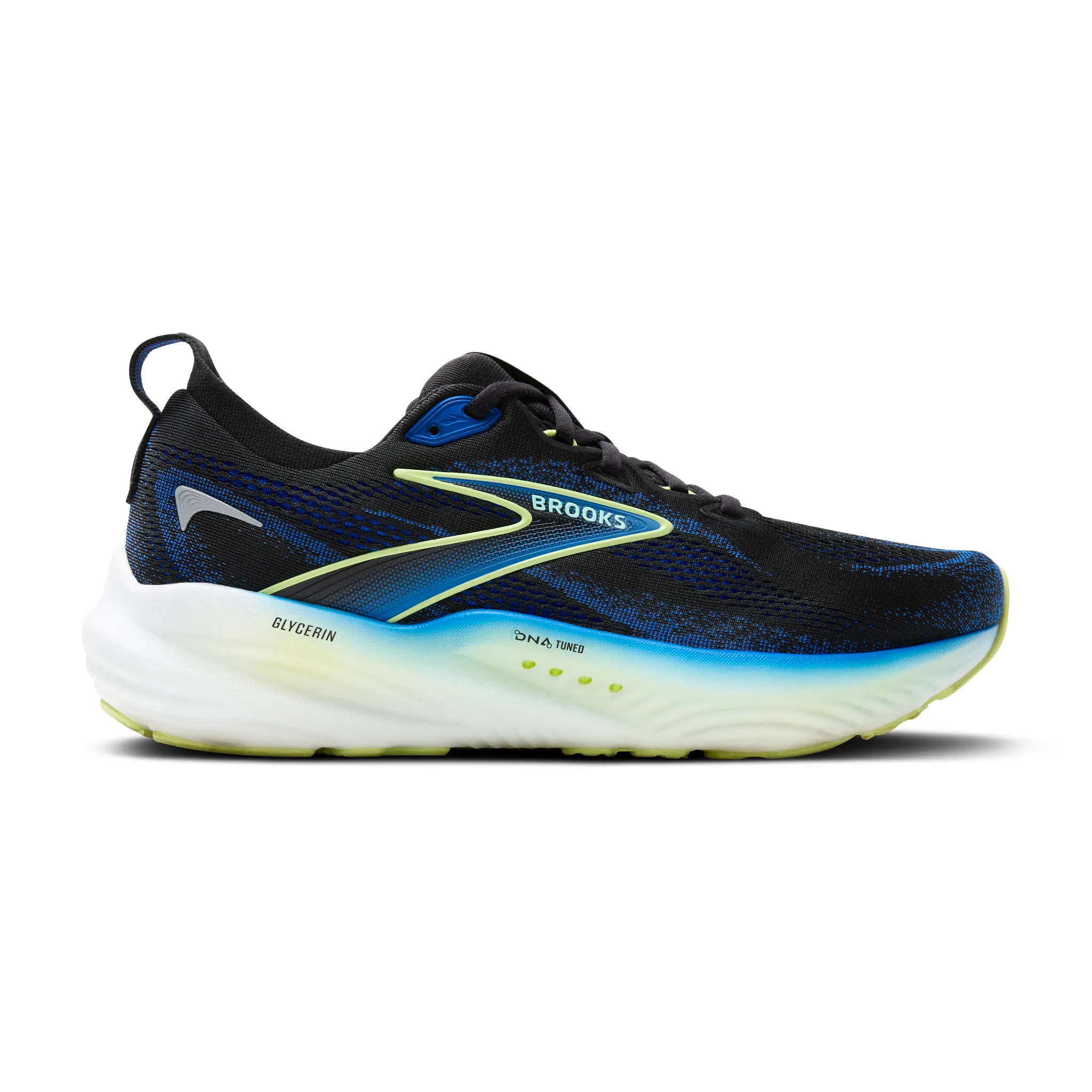Brooks Glycerin 22 Shoe that has a blend of blue, green, and navy colours.